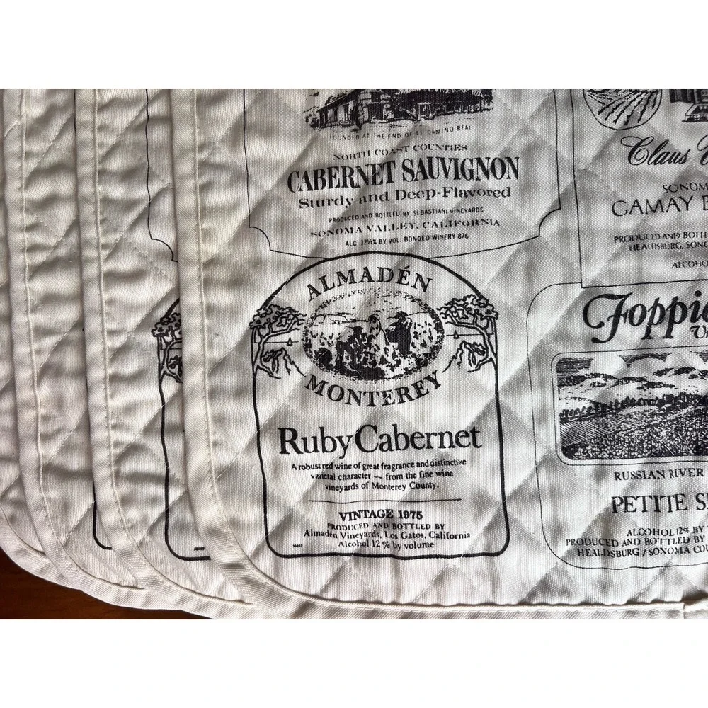 Vintage 1970's California Napa Wine Label‎ Quilted Placemats & Napkins Lot of 8
